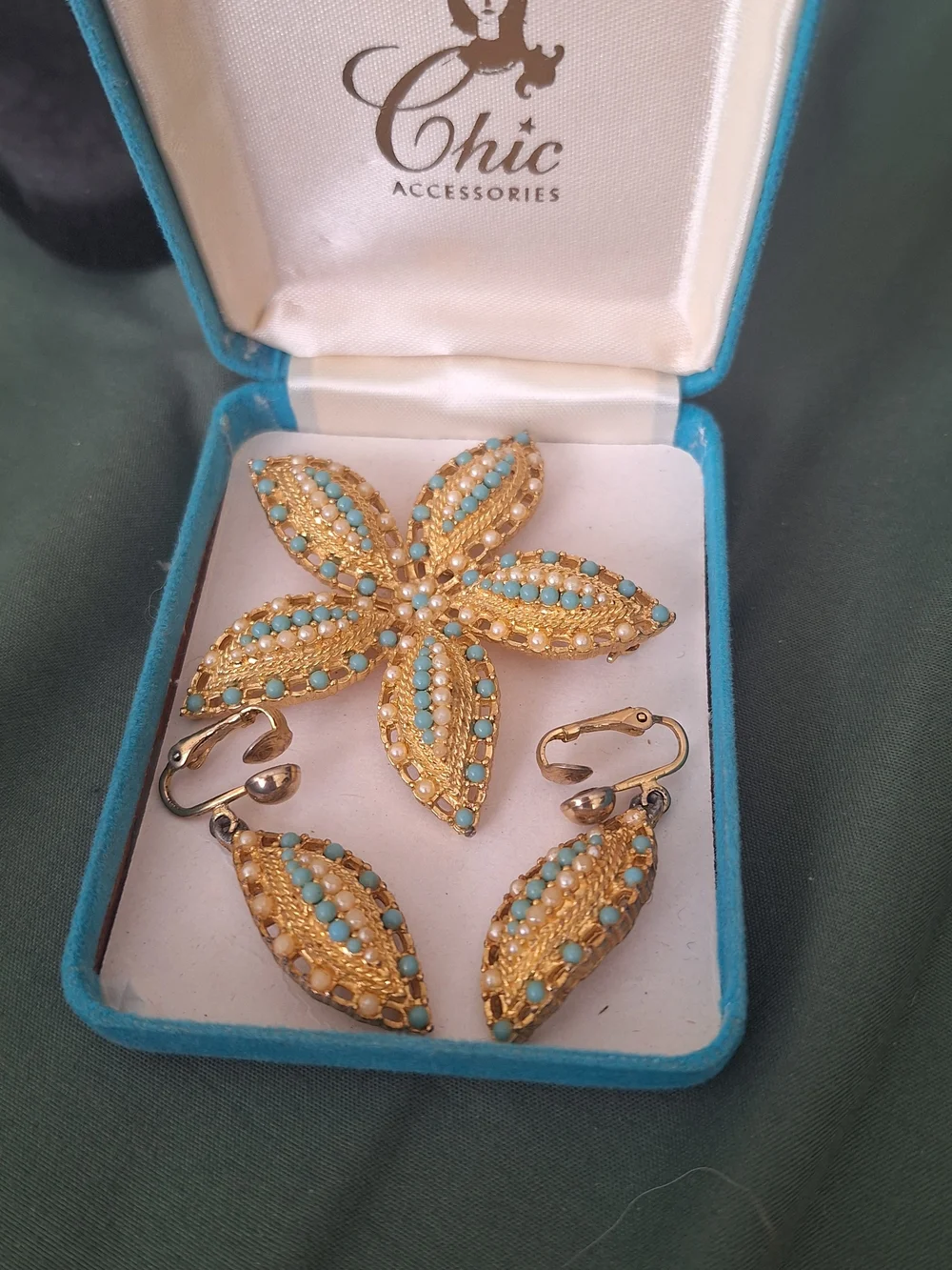 Sarah Coventry Gold-Tone Earrings with Turquoise and Cream Beads